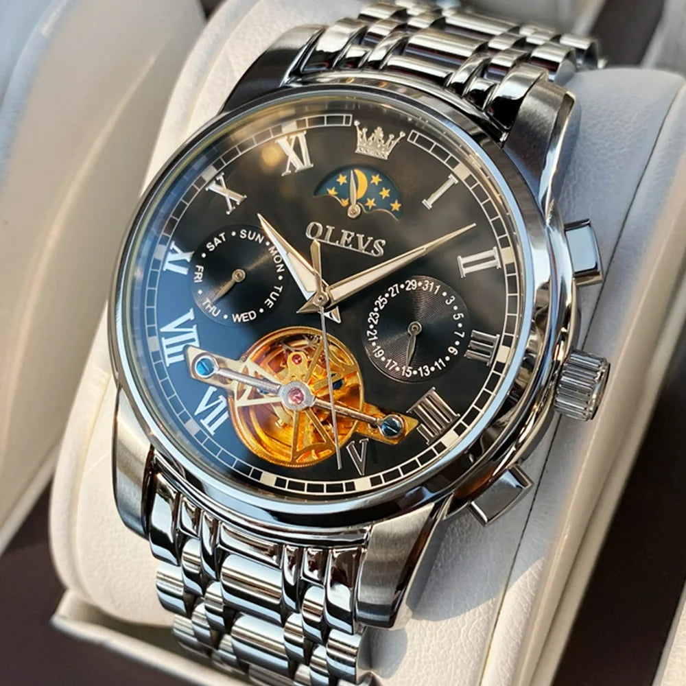 Luxury Self-Winding Skeleton Watch for Men with Moon Phase, Day Date, and Waterproof Design