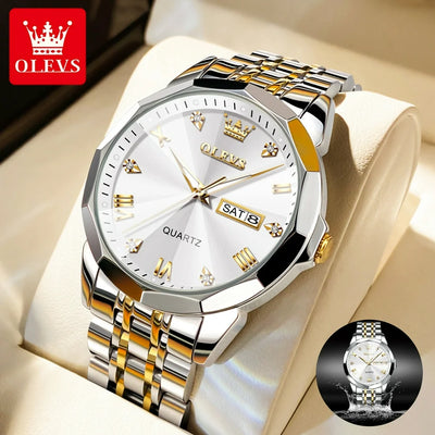 Diamond Watch for Men Luxury Business Quartz Stainless Steel Date Watch Luminous Waterproof Reloj Para Hombre, Gifts for Men, Adult Male Wristwatch