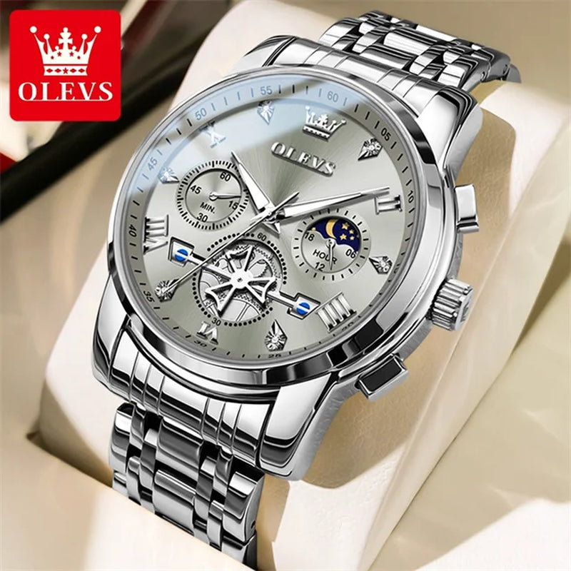 Luxury Stainless Steel Men's Chronograph Moon Phase Watch - Waterproof and Luminous