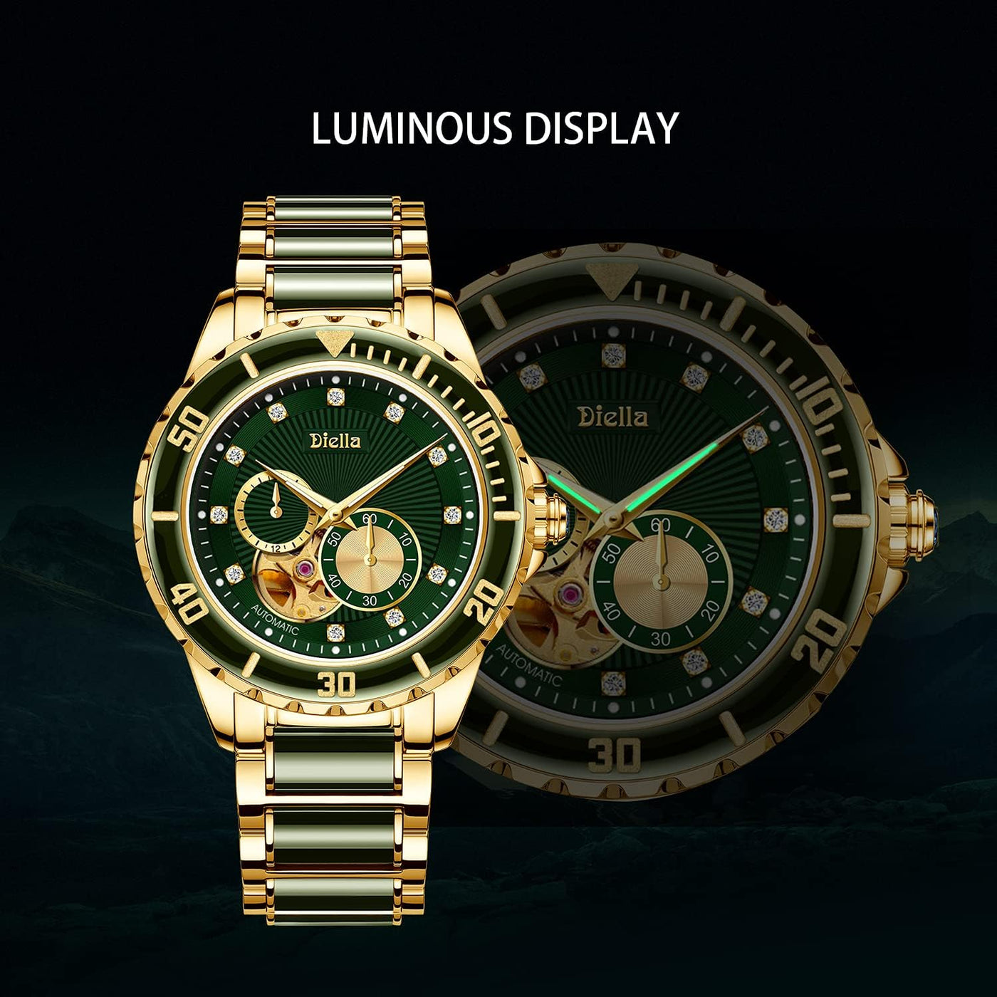 Men'S Automatic Mechanical Wrist Watches, Luxury Skeleton Watches for Men with Black Green Jade & Steel Strap
