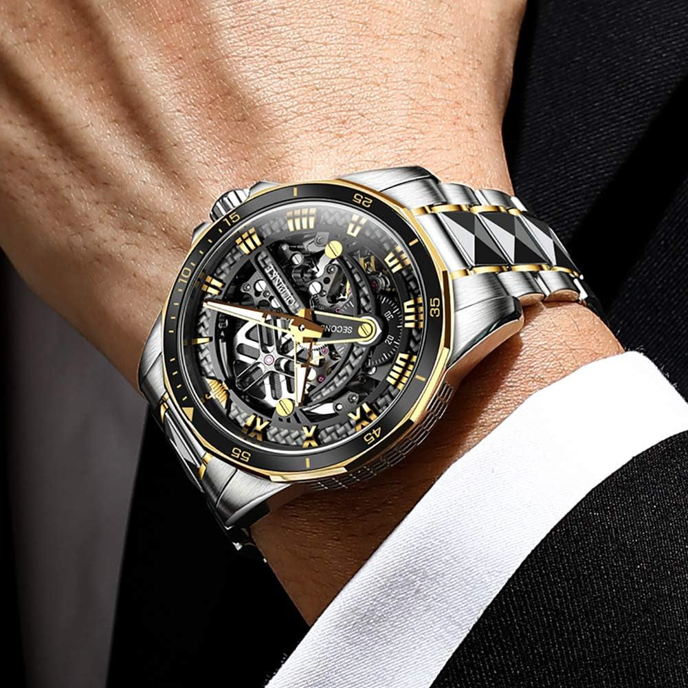 Luxury Automatic Self-Wind Watches for Men, Large Face Tungsten Steel Men'S Mechanical Watch with Two Tone Band, 50M Waterproof, Sapphire Crystal