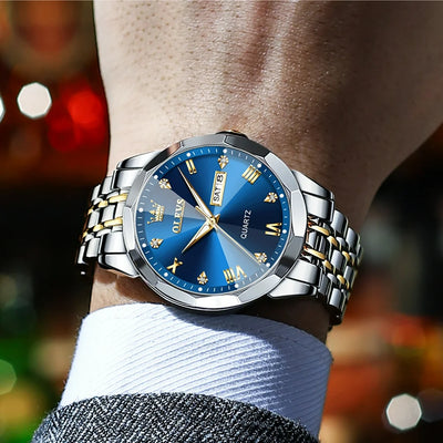 "Dazzling Diamond Men's Luxury Watch: Two Tone Stainless Steel, Date Display, Waterproof, Luminous, Perfect Gift for Stylish Men"