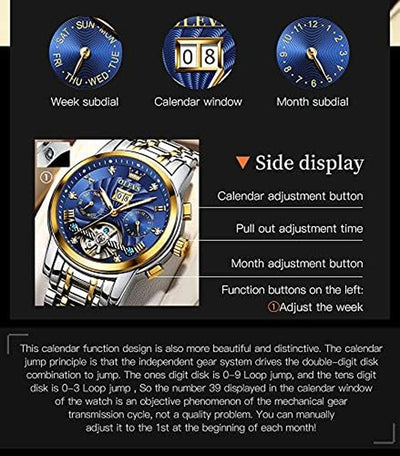 Men'S Automatic Mechanical Skeleton Watch Luxury Dress Blue Dial Waterproof Self Winding Moon Phase Stainless Steel Luminous Tourbillon Wrist Watches for Men