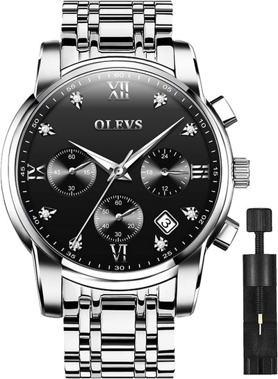 Men'S Waterproof Watches Silver Stainless Steel Waterproof Chronograph Wrist Watches Luxury Dress Black Luminous Big Face Analog Quartz Male Watches