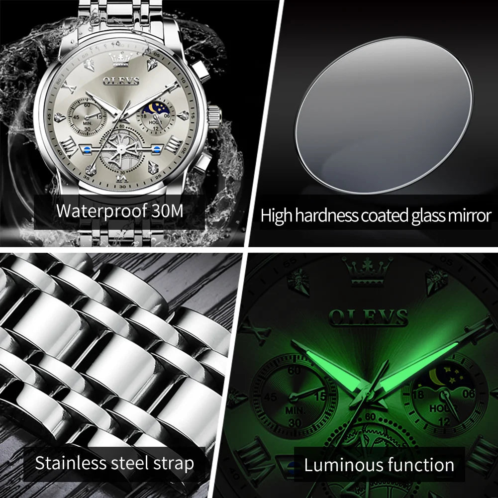 Luxury Stainless Steel Men's Chronograph Moon Phase Watch - Waterproof and Luminous