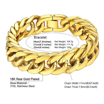 Mens Stainless Steel 17Mm Cuban Chain Bracelets, Hip Pop Chunky Franco Gold Chain Bracelet 9" Chains for Boys Son Husband Christmas Birthday Gift