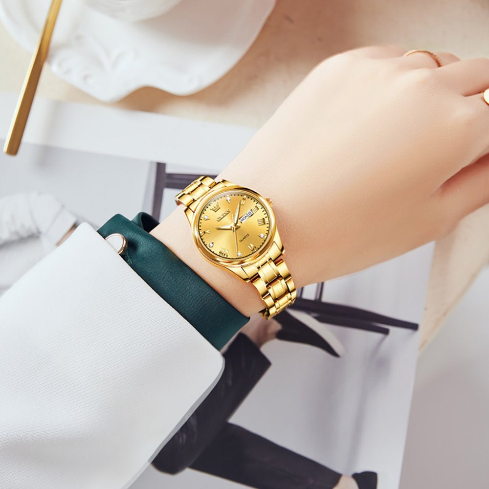 Gold Watches for Women, Luxury Diamond Quartz Analog Ladies Wristwatch with Date Stainless Steel Luminous Dress Jewelry Watch, Gifts for Women, Female Wristwatch