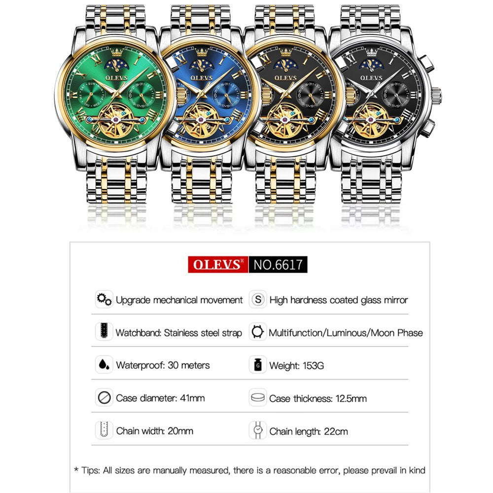 Luxury Self-Winding Skeleton Mechanical Watch for Men with Moon Phase and Day Date - Waterproof Business Dress Watch - Perfect Gift for Him