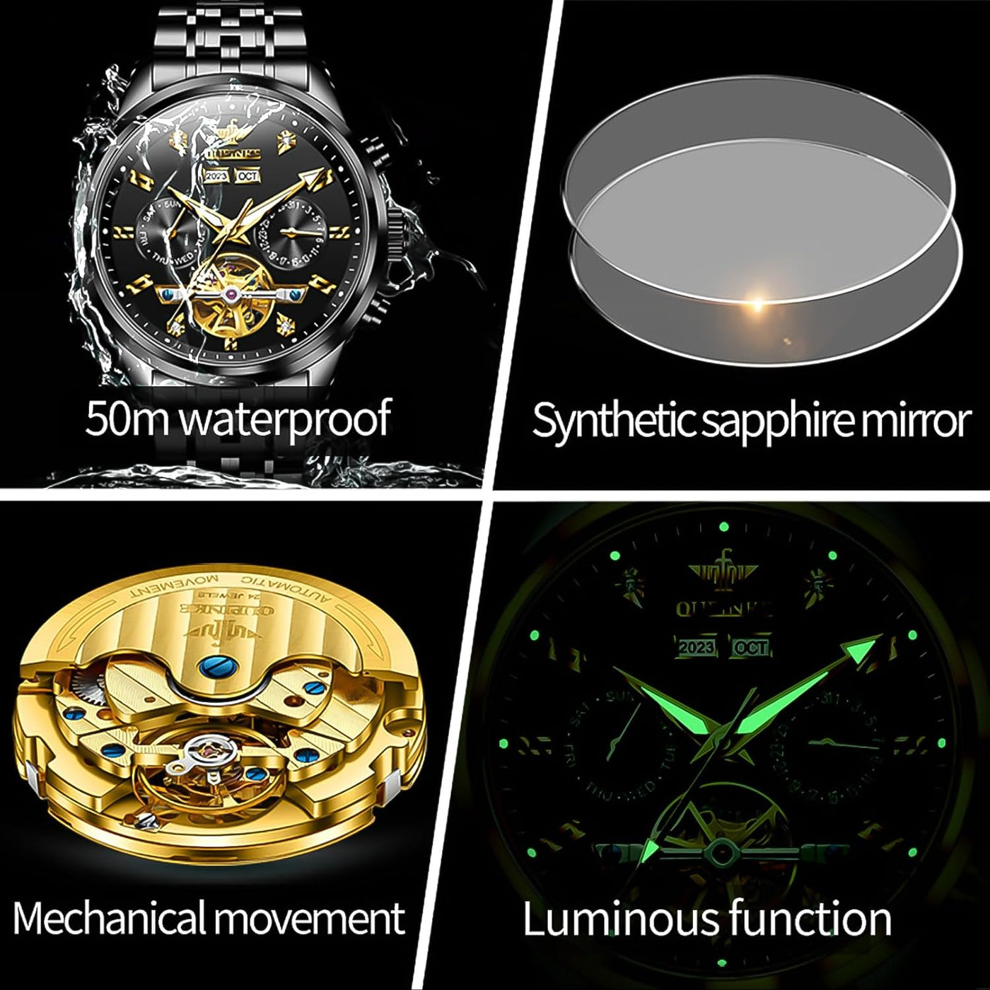 Men Watch Skeleton Automatic Mechanical Luxury Dress Waterproof Sapphire Crystal Wrist Watches for Men(Gold/Blue/Black/Green Dial)