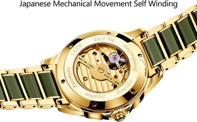 Men'S Automatic Mechanical Wrist Watches, Luxury Skeleton Watches for Men with Black Green Jade & Steel Strap