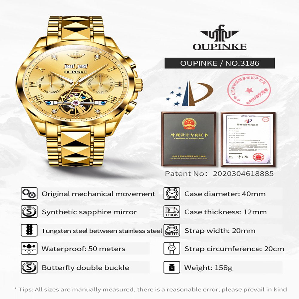 Gold Watches for Men, Automatic Diamond Skeleton Self Winding Luxury Dress Mens Wristwatch Sapphire Crystal Tungsten Steel Band Luminous Waterproof Reloj, Gifts for Men
