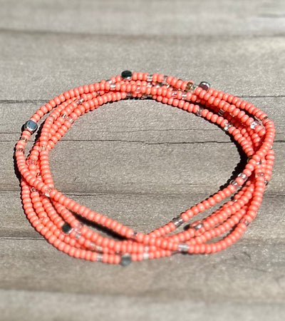 Coral Pink Silver-Sprinkle Beaded 5-Wrap Boho Bracelet
