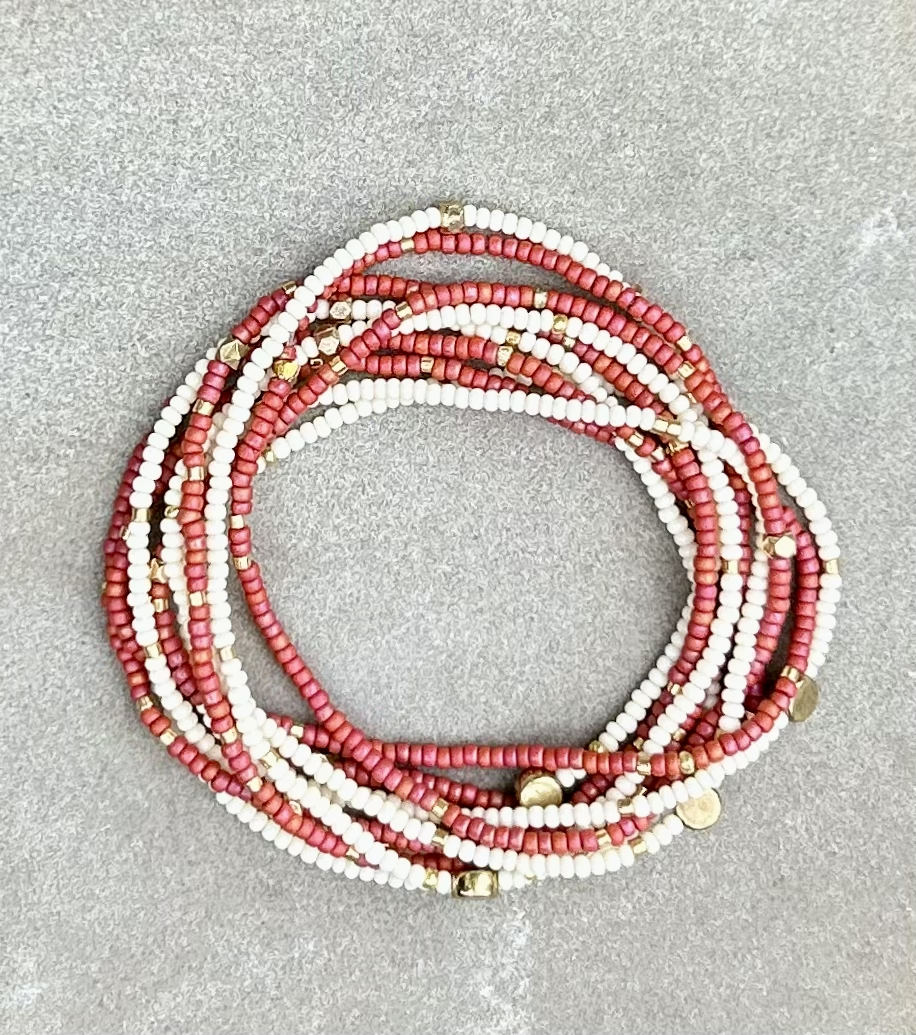 Double-Up 2-Piece Brick Red & Gold-Sprinkled Beaded Bracelet