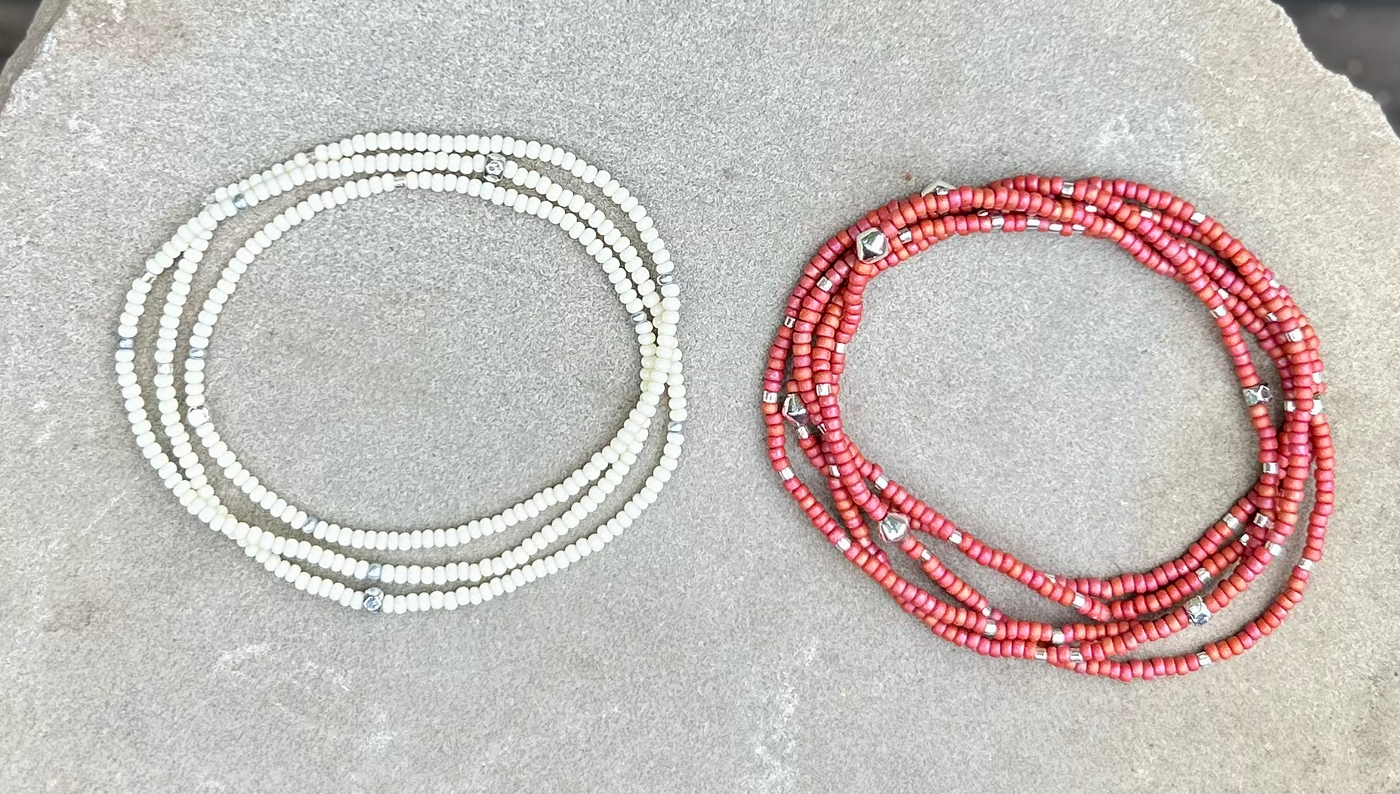 Brick Red & Silver-Sprinkled Beaded 5-Wrap Bracelet