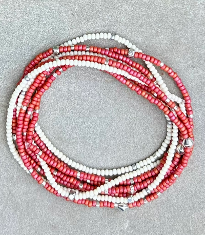 Brick Red & Silver-Sprinkled Beaded 5-Wrap Bracelet