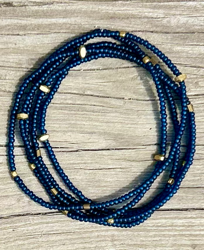 Navy Blue Gold-Sprinkled Beaded 5-Wrap Boho Bracelet