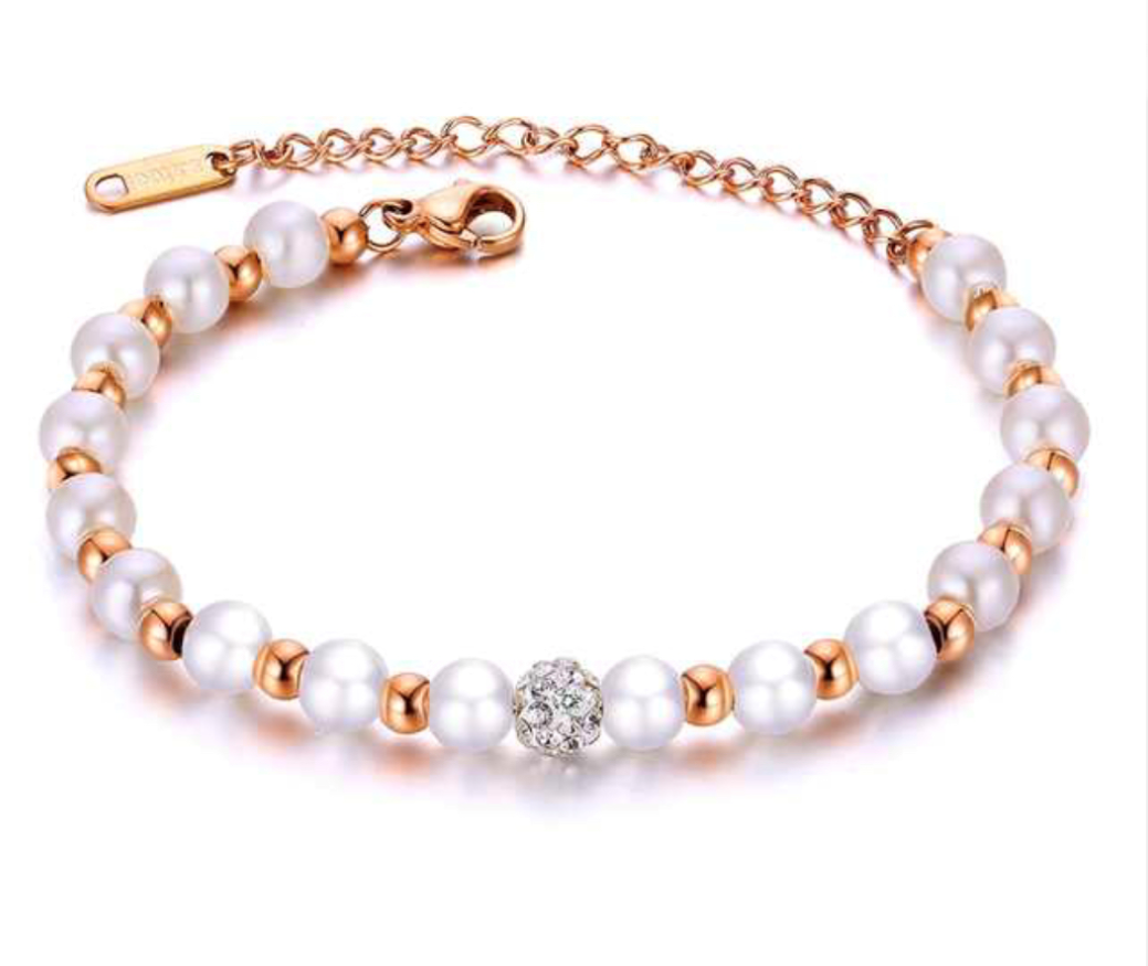 Rose Gold Beaded Bracelet with Simulated Pearls
