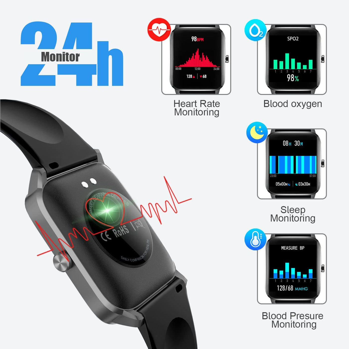 Smart Watch Android Phones for Women/Men: 1.4Inch Fitness Tracker Waterproof Heart Rate Monitor Blood Oxygen Saturation Bluetooth Activity Tracker