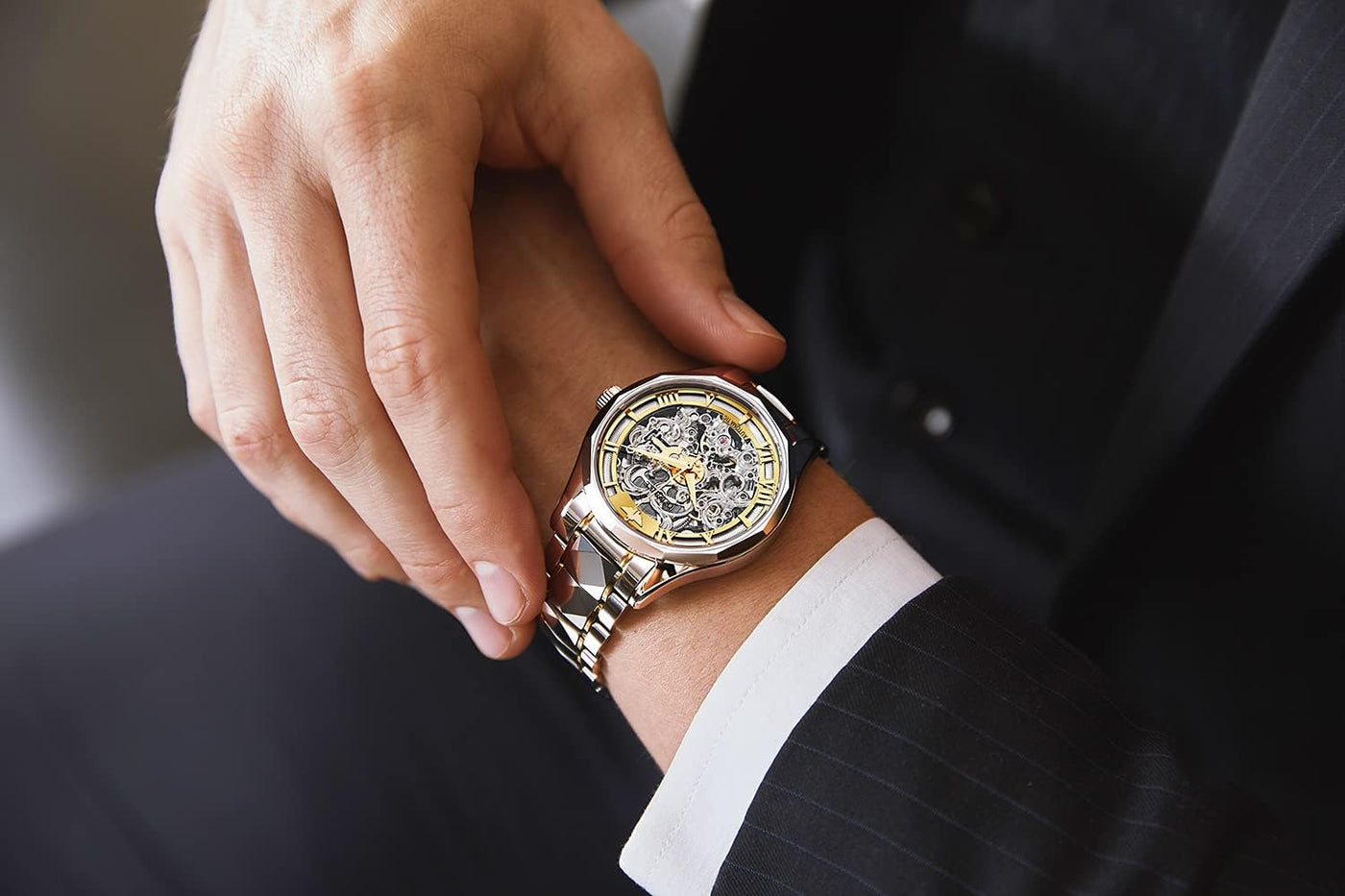 OUPINKE Men'S Skeleton Mechanical Watches Luxury Dress Automatic Self Winding Sapphire Crystal Waterproof Tungsten Steel Band Wrist Watches