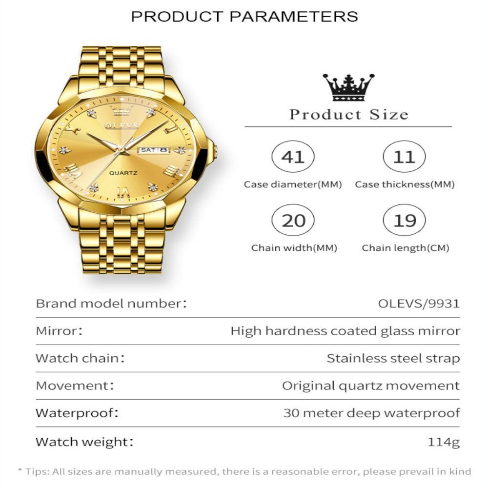 Luxury Diamond Gold Watch for Men: Stylish, Waterproof, and Luminous - Perfect Gift for the Modern Gentleman