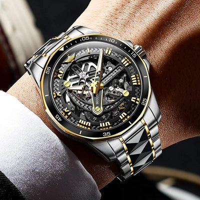 Automatic Skeleton Mens Watches Luxury Wristwatch Mechanical Self-Winding Sapphire Crystal Tungsten Steel Watches 50M Waterproof Luminous No Battery Watches