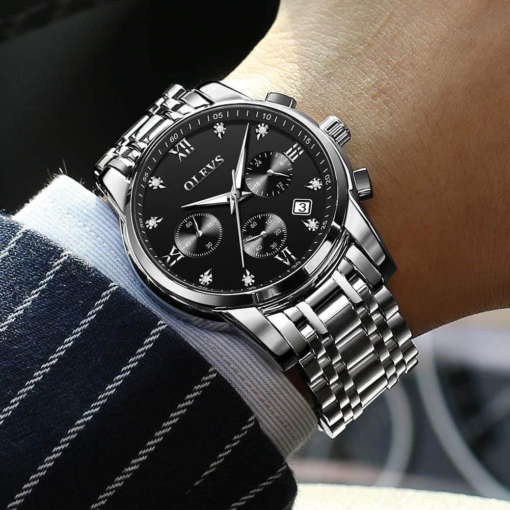 Men'S Waterproof Watches Silver Stainless Steel Waterproof Chronograph Wrist Watches Luxury Dress Black Luminous Big Face Analog Quartz Male Watches