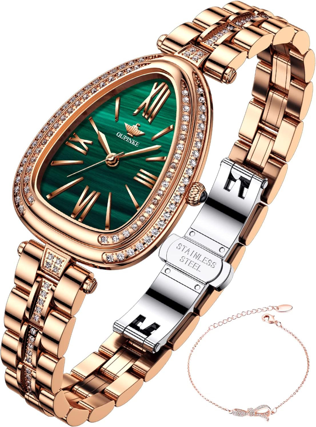 OUPINKE Women'S Rose Gold Green Watch Import Quartz Diamond Ladies Watch