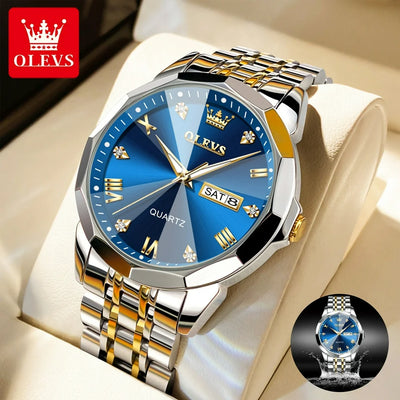 "Dazzling Diamond Men's Luxury Watch: Two Tone Stainless Steel, Date Display, Waterproof, Luminous, Perfect Gift for Stylish Men"