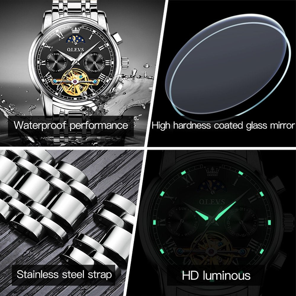 Luxury Self-Winding Skeleton Watch for Men with Moon Phase, Day Date, and Waterproof Design