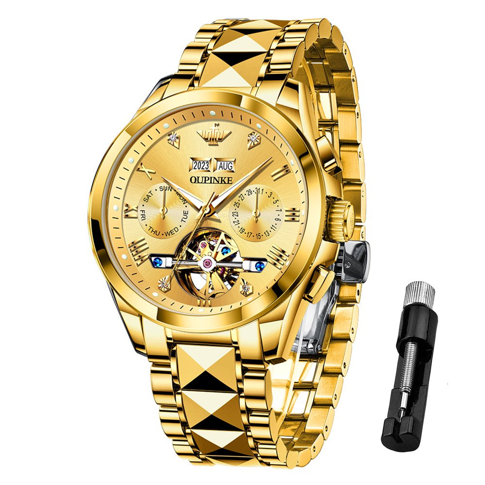 Gold Watches for Men, Automatic Diamond Skeleton Self Winding Luxury Dress Mens Wristwatch Sapphire Crystal Tungsten Steel Band Luminous Waterproof Reloj, Gifts for Men