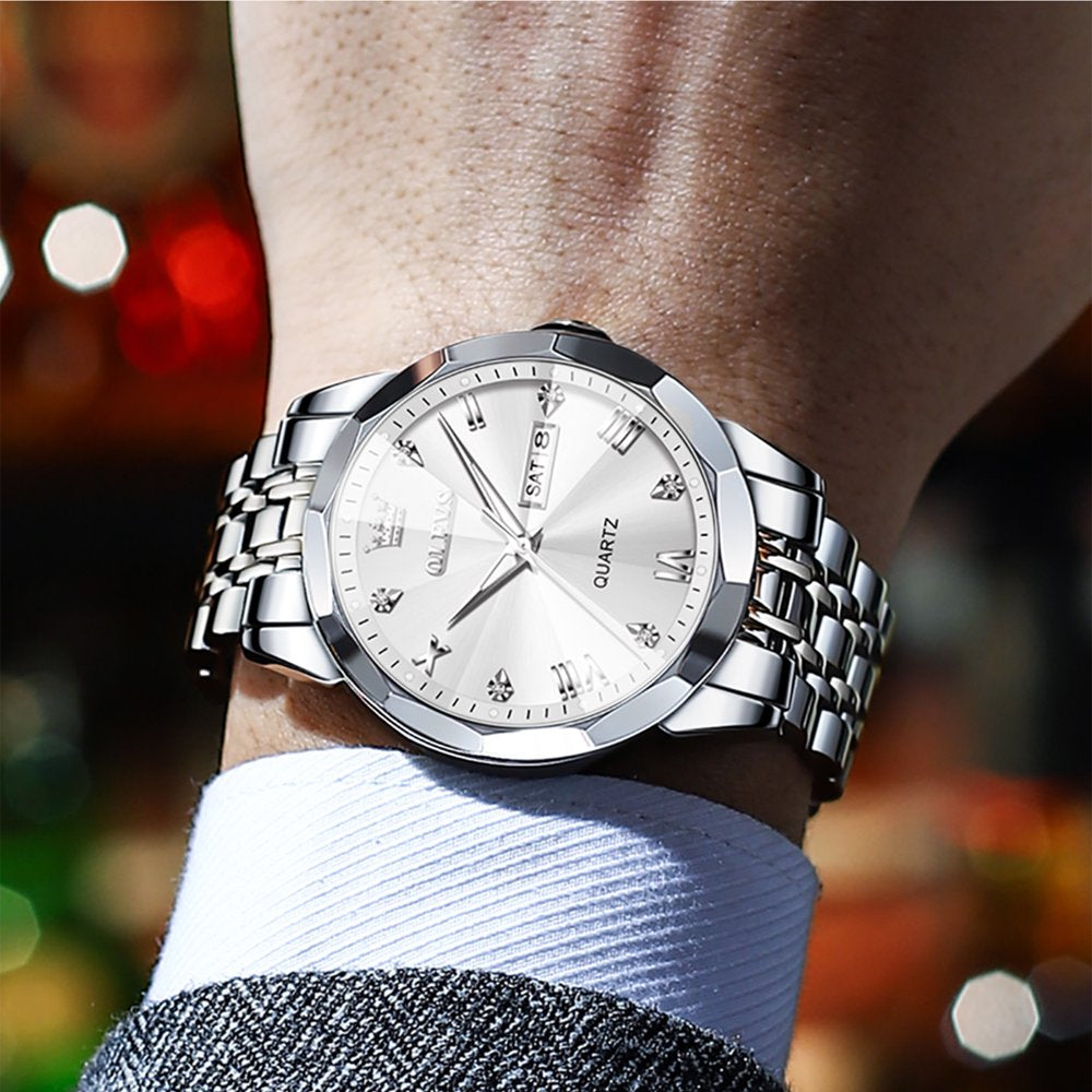 Silver Watch for Men Diamond Luxury Casual Stainless Steel Date Quartz Watch Waterproof Reloj Para Hombre , Gifts for Men, Adult Male Wristwatch