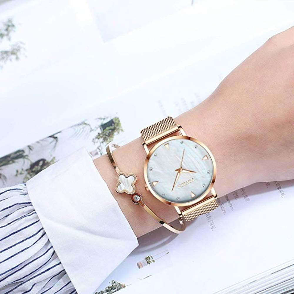 Womens Watches Ultra Thin Minimalist Lady Waterproof Watch Stainlesssteel Crystal Dress Bracelet Watch Fashion Analog Quartz Wristwatch for Female Valentines Day Gifts-White