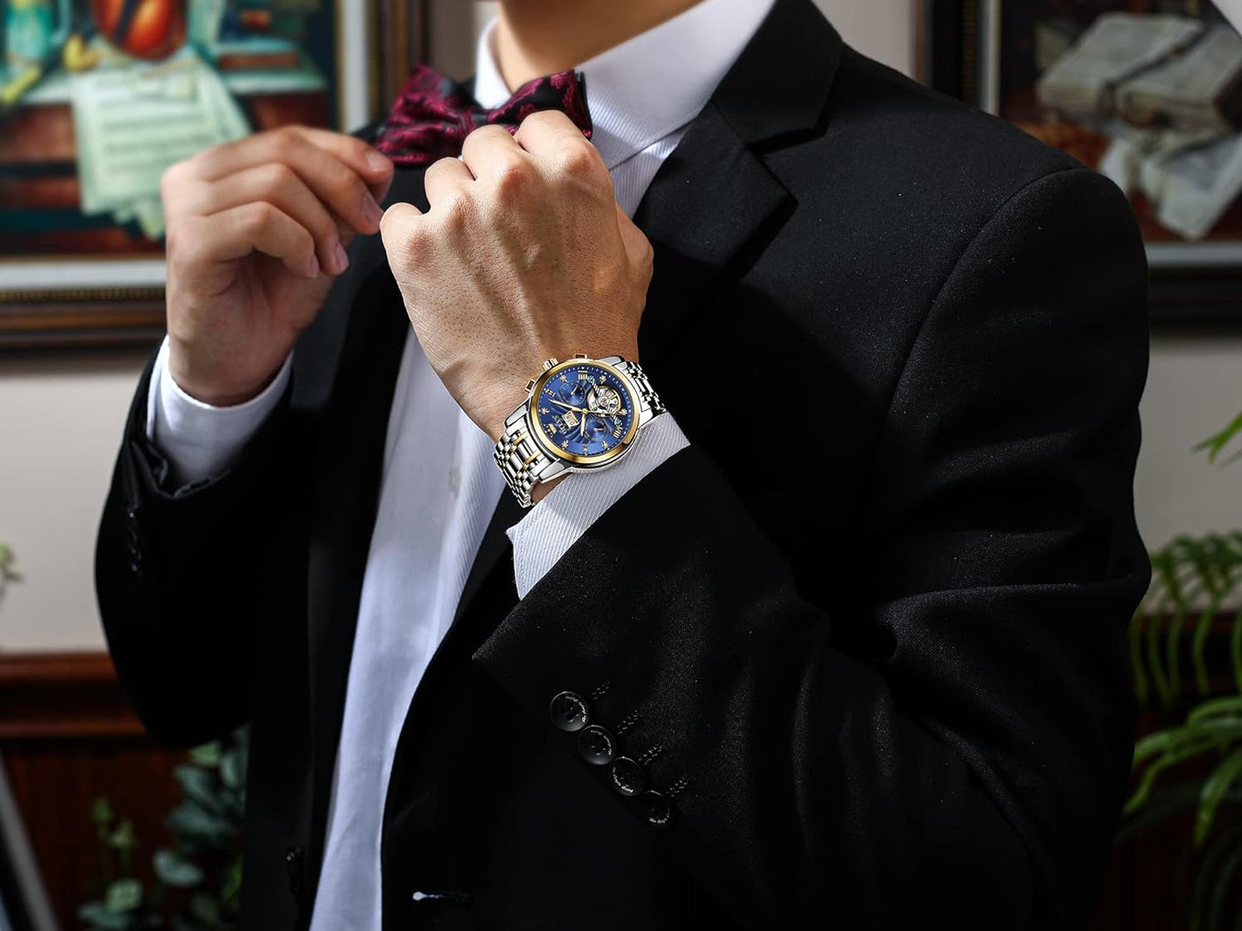 Men'S Automatic Mechanical Skeleton Watch Luxury Dress Blue Dial Waterproof Self Winding Moon Phase Stainless Steel Luminous Tourbillon Wrist Watches for Men