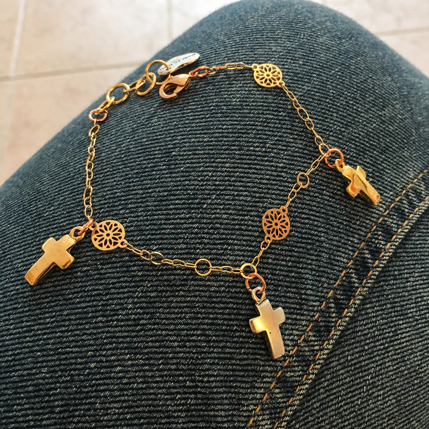 Cross Bracelet in Gold Plated Brass. Lucky Charm Bracelet, Charm